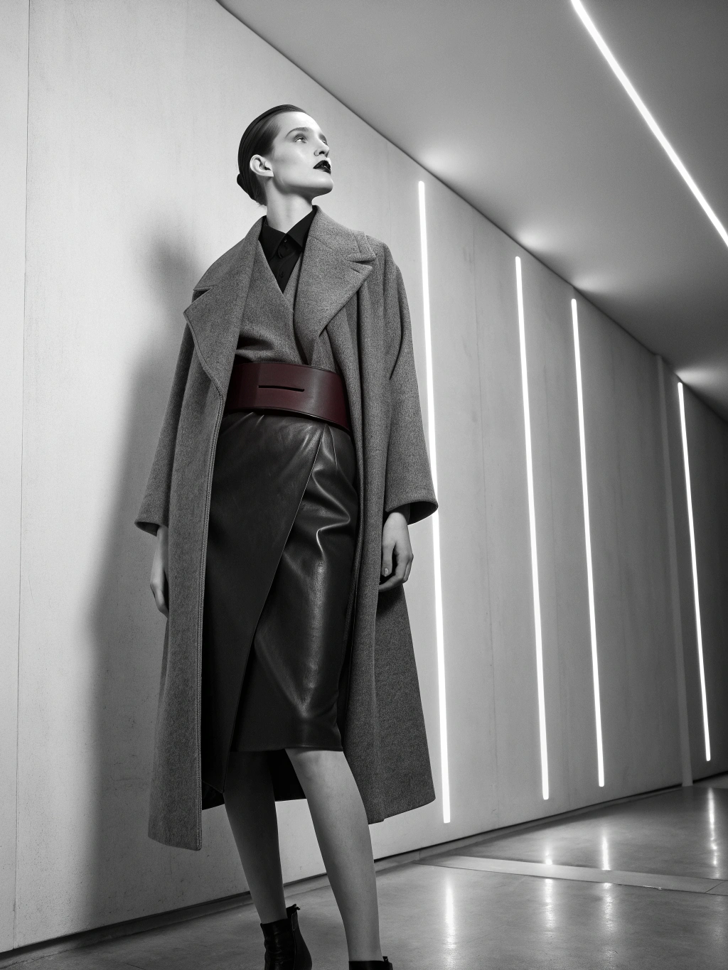 Editorial fashion photography featuring avant-garde styling and dramatic lighting