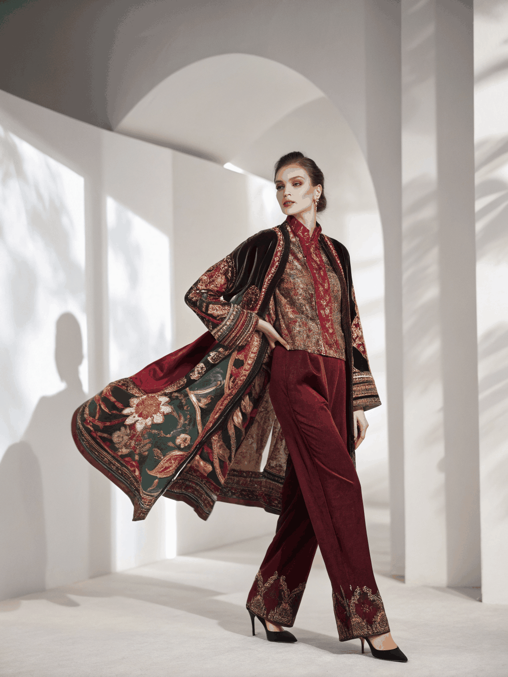 Close-up of intricate couture fabric on a runway model