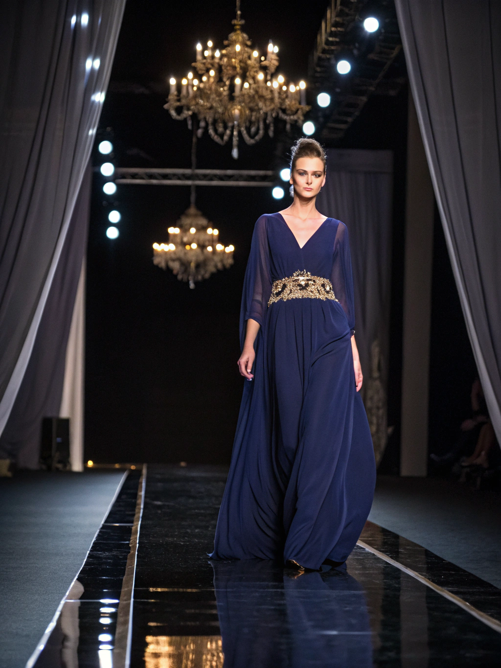A model walking the runway in an avant-garde gown, captured in a cinematic, high-fashion editorial style