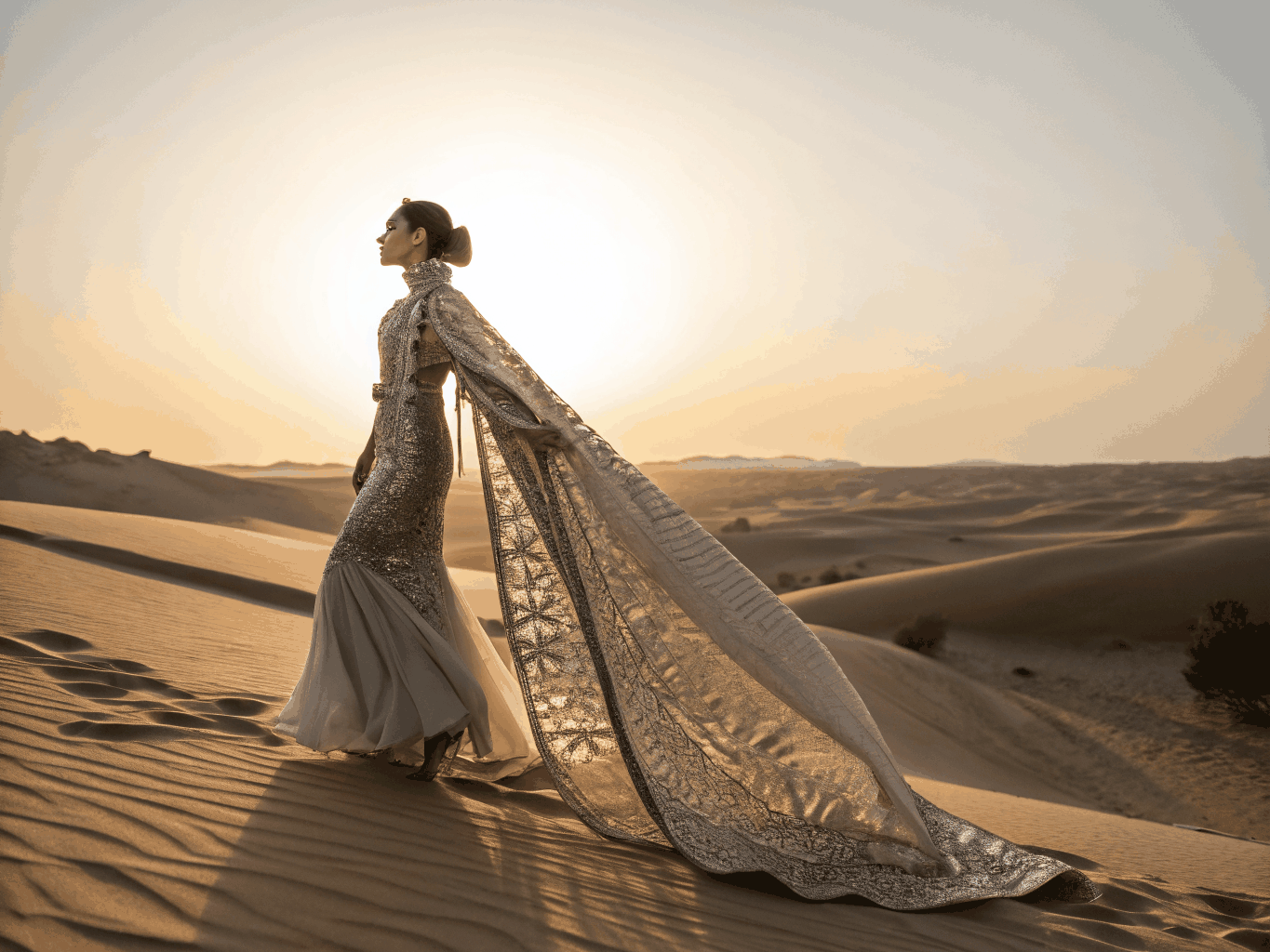 A cinematic editorial shot of a high-fashion silhouette in a virtual landscape