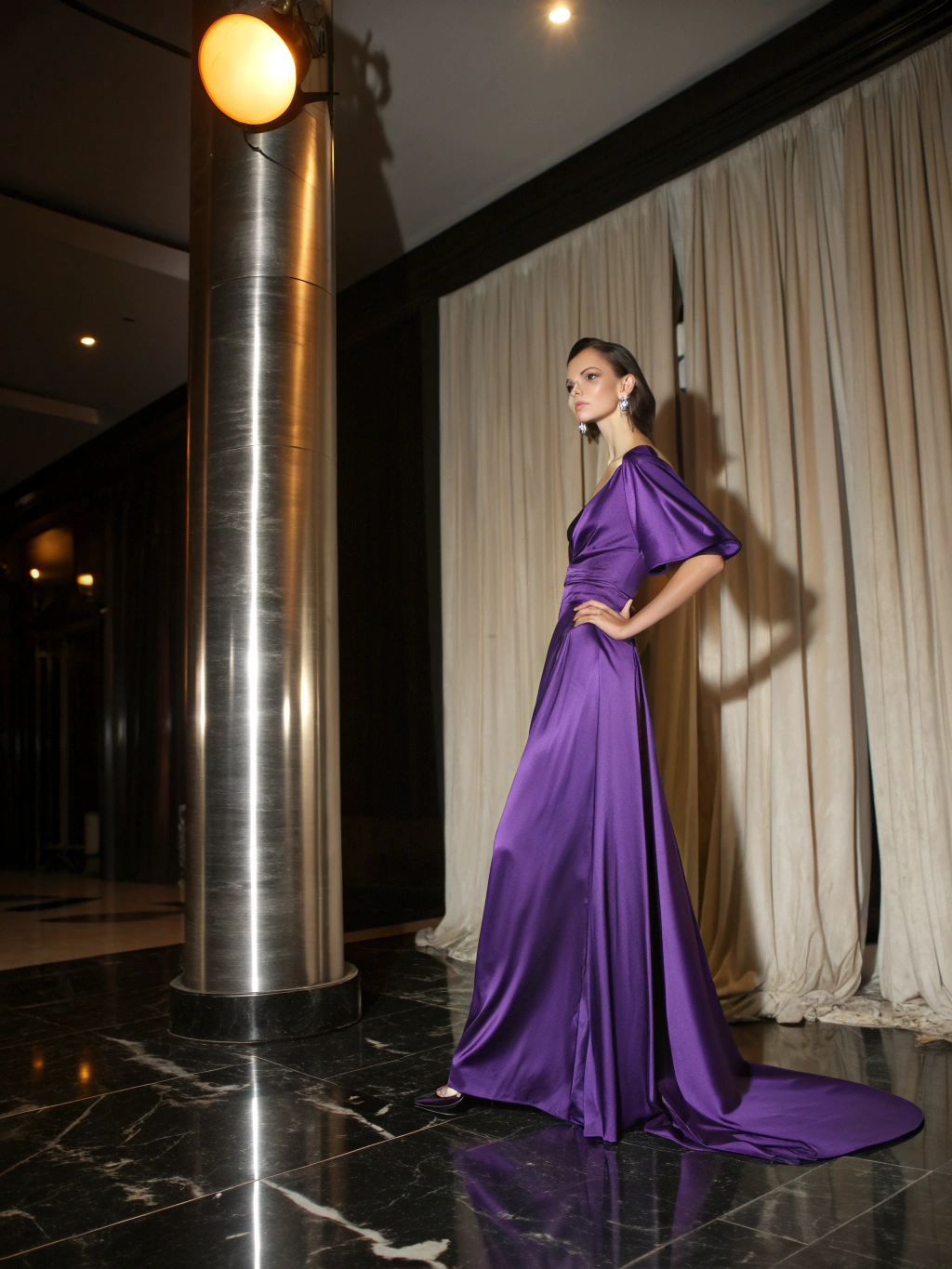 A sophisticated editorial portrait of a model in a virtual couture gown, captured with cinematic lighting and dramatic composition