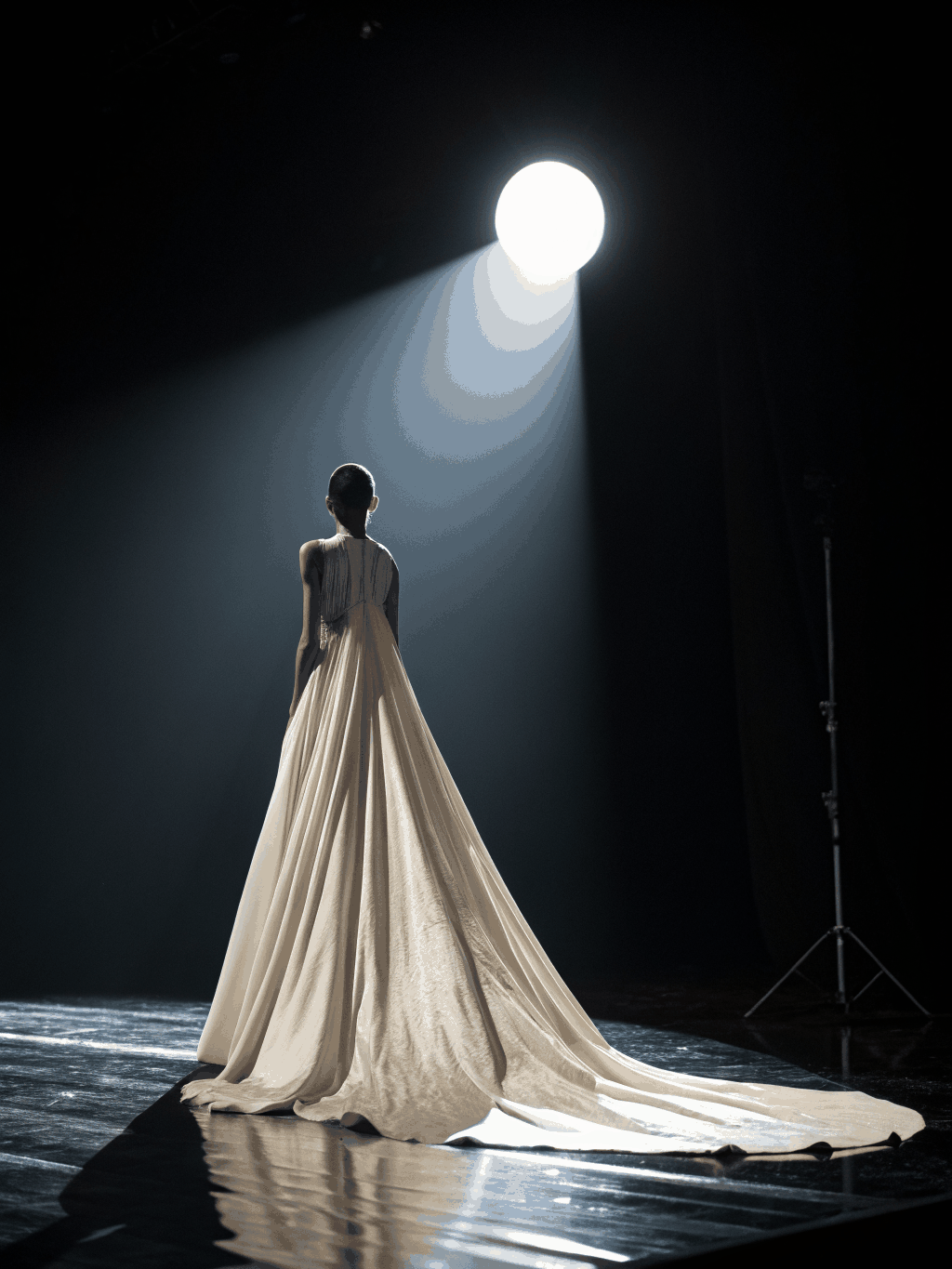 Dramatic silhouette of a couture gown on a virtual runway